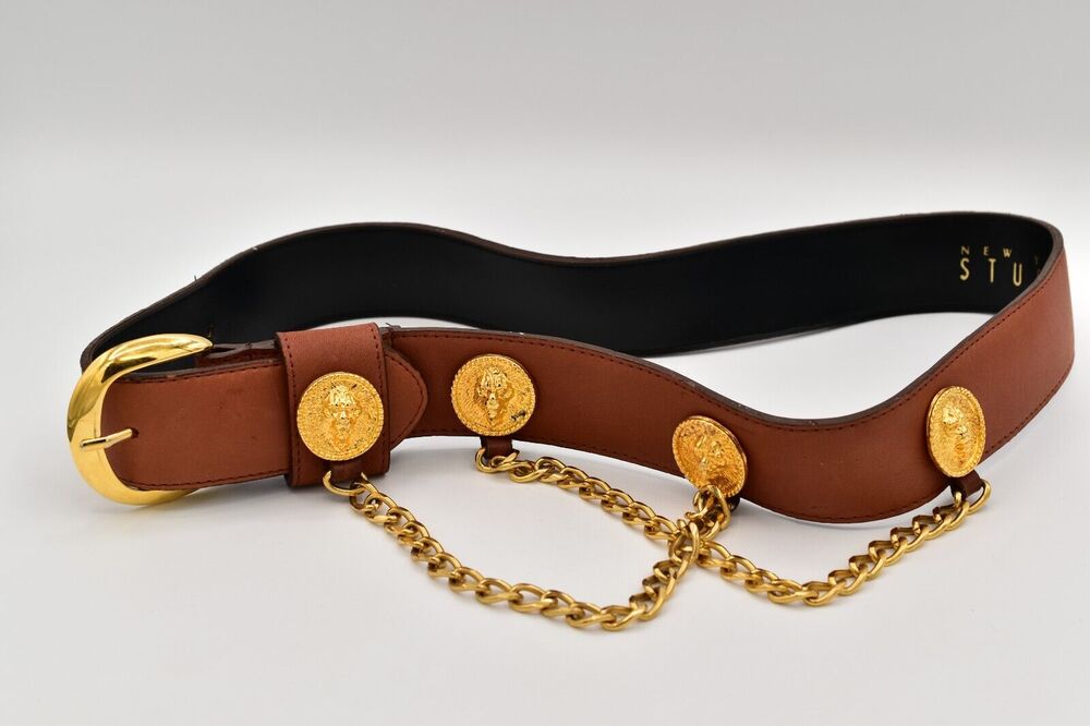 New York Studio Vintage L Leather Belt Buckle Gold Lion Coin Chain Brown 1980s